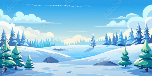 vector graphics, landscape, sky, clouds, forest, mountains, stream, snow, ice, trees, bushes, pine needles, thawed patches, snowdrifts, fjords, meadows, glades, wind, freshness