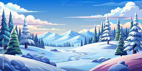 vector graphics, landscape, sky, clouds, forest, mountains, stream, snow, ice, trees, bushes, pine needles, thawed patches, snowdrifts, fjords, meadows, glades, wind, freshness