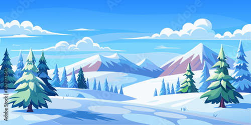 vector graphics, landscape, sky, clouds, forest, mountains, stream, snow, ice, trees, bushes, pine needles, thawed patches, snowdrifts, fjords, meadows, glades, wind, freshness