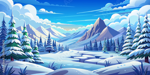 vector graphics, landscape, sky, clouds, forest, mountains, stream, snow, ice, trees, bushes, pine needles, thawed patches, snowdrifts, fjords, meadows, glades, wind, freshness