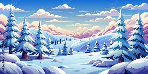 vector graphics, landscape, sky, clouds, forest, mountains, stream, snow, ice, trees, bushes, pine needles, thawed patches, snowdrifts, fjords, meadows, glades, wind, freshness