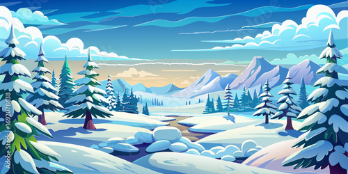 vector graphics, landscape, sky, clouds, forest, mountains, stream, snow, ice, trees, bushes, pine needles, thawed patches, snowdrifts, fjords, meadows, glades, wind, freshness