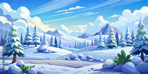 vector graphics, landscape, sky, clouds, forest, mountains, stream, snow, ice, trees, bushes, pine needles, thawed patches, snowdrifts, fjords, meadows, glades, wind, freshness