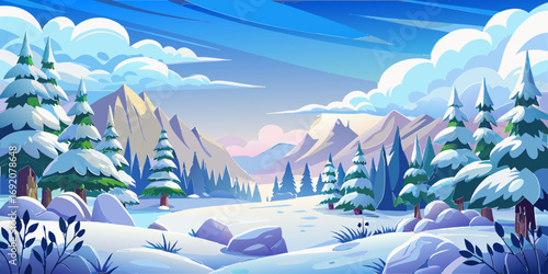 vector graphics, landscape, sky, clouds, forest, mountains, stream, snow, ice, trees, bushes, pine needles, thawed patches, snowdrifts, fjords, meadows, glades, wind, freshness