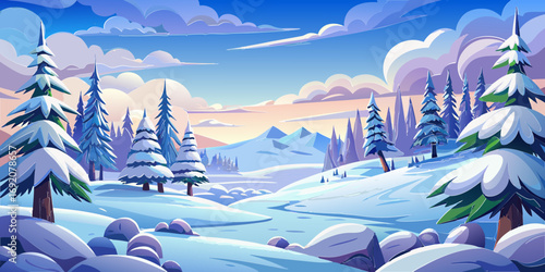 vector graphics, landscape, sky, clouds, forest, mountains, stream, snow, ice, trees, bushes, pine needles, thawed patches, snowdrifts, fjords, meadows, glades, wind, freshness