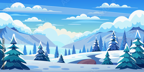vector graphics, landscape, sky, clouds, forest, mountains, stream, snow, ice, trees, bushes, pine needles, thawed patches, snowdrifts, fjords, meadows, glades, wind, freshness