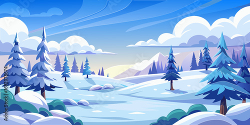 vector graphics, landscape, sky, clouds, forest, mountains, stream, snow, ice, trees, bushes, pine needles, thawed patches, snowdrifts, fjords, meadows, glades, wind, freshness