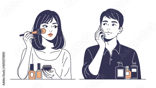 Young woman applying makeup with a brush and young man using skincare products on white background illustration