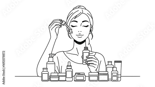 A woman with a towel wrapped around her head applying serum from a dropper to her face surrounded by skincare products and bottles in a line illustration