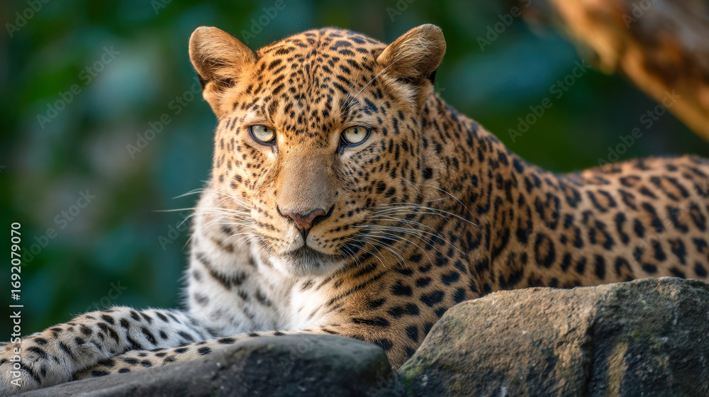 Obraz premium Leopard lying on rocks with intense gaze, majestic portrait of big cat in natural forest habitat