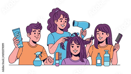 Diverse group of happy people at a hair salon receiving haircuts and styling with professional tools and hair care products
