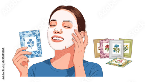 Young woman with eyes closed applying a white sheet mask to her face with a gentle touch surrounded by colorful skincare product packaging