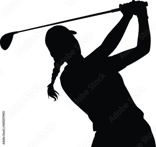 Female golfer silhouette, golf swing pose, athletic woman, sports action, braid hairstyle, cap style, dynamic motion, outdoor sport, black figure, golfing technique, follow-through stance