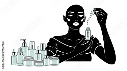 Stylized illustration of a person with dark skin and white facial features applying serum from a dropper bottle surrounded by various skincare products