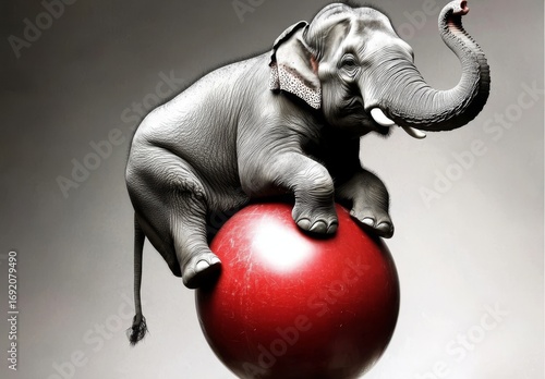 A circus elephant performs a stunning balancing act on a colorful ball.