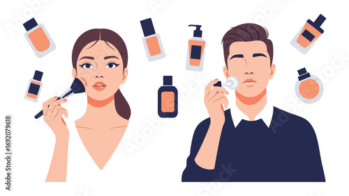 Diverse individuals applying makeup and skincare products with various bottles and brushes scattered around them on a white background