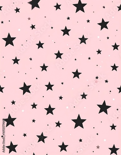 Pink background with a repeating pattern of black stars and small white dots