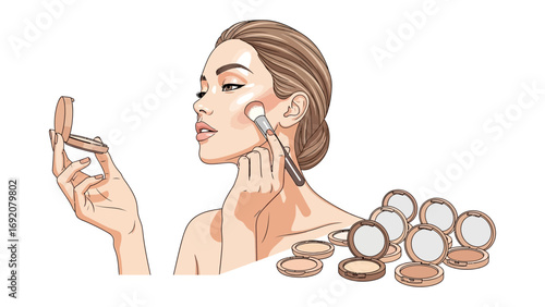 Elegant woman applying makeup with compact powder and a collection of cosmetic compacts displayed artfully in a watercolor illustration style