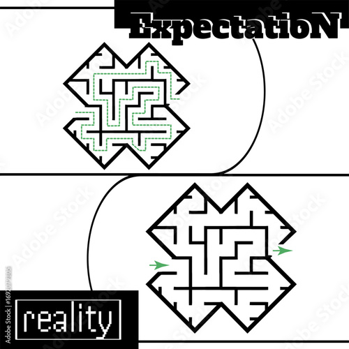 Illustration with labyrinth, maze conundrum for kids. Baby puzzle with entry and exit. Children puzzle game. Expectation and reality for labyrinth.