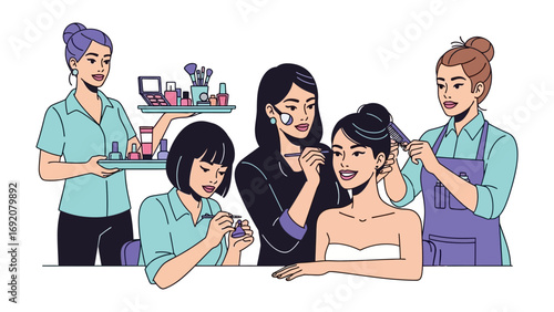 Diverse group of women in a beauty salon receiving makeup application and hairstyling services from skilled professionals creating a glamorous look