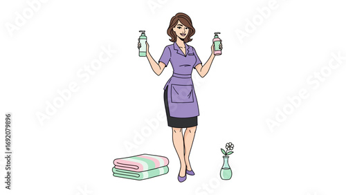 Smiling professional woman in a purple uniform holding two bottles of cleaning products with a folded towel and spray bottle nearby