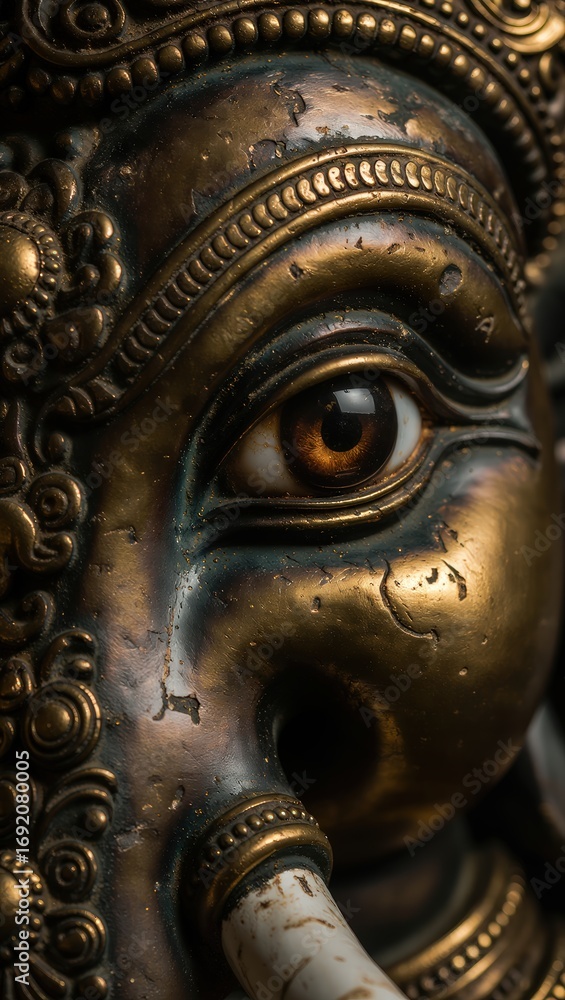 Obraz premium Close-up of Ornate Bronze Decorative Elephant Face with Intricate Carvings and Rich Patina