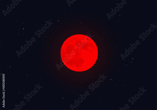 Flat 2D illustration of a total lunar eclipse, glowing red in the night sky