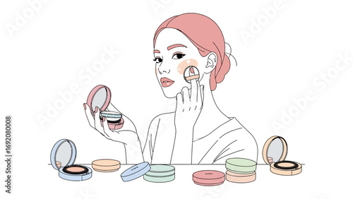 A young woman with a pink headscarf applying makeup with a brush surrounded by various cosmetic products like compact powders and foundations