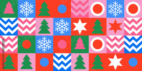 Vibrant geometric christmas pattern with trees snowflakes stars and circles in bold colors