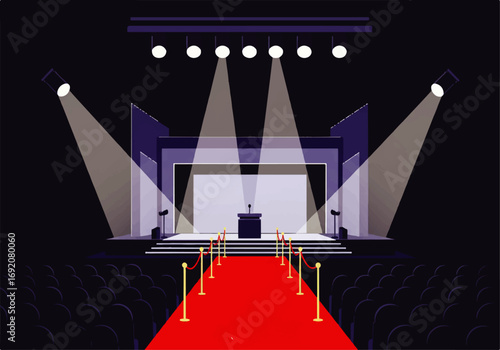 Flat 2D minimalist illustration of a glamorous award stage with spotlights and red carpet, inspired by VMAs 2025 style, clean and simple