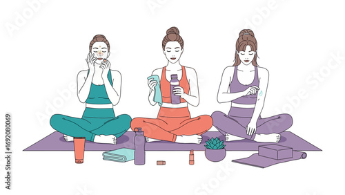 Three diverse women with buns meditating in lotus pose on yoga mats practicing mindfulness relaxation and inner peace together