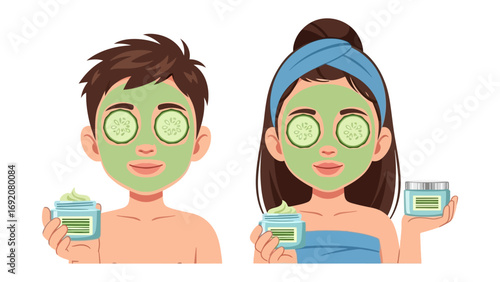 A young man and woman with green face masks and cucumber slices on their eyes holding jars of skincare cream and lotion