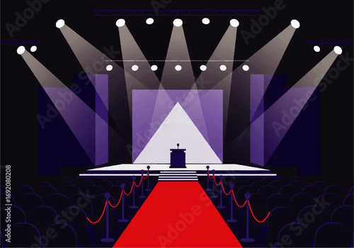 Flat 2D minimalist illustration of a glamorous award stage with spotlights and red carpet, inspired by VMAs 2025 style, clean and simple