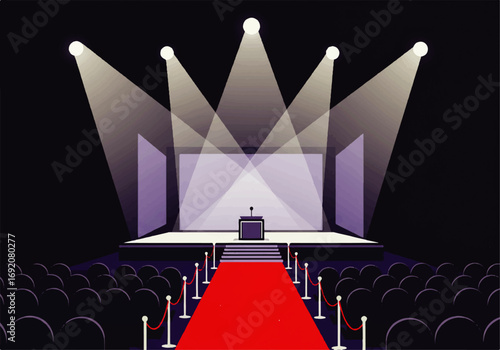 Flat 2D minimalist illustration of a glamorous award stage with spotlights and red carpet, inspired by VMAs 2025 style, clean and simple