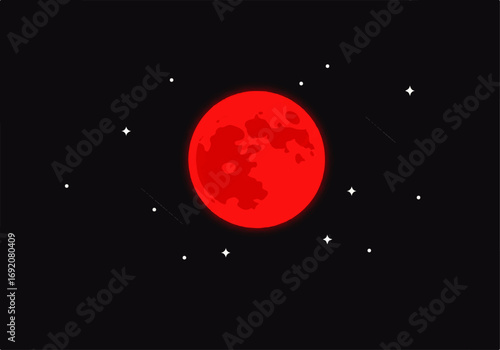Flat 2D illustration of a total lunar eclipse, glowing red in the night sky