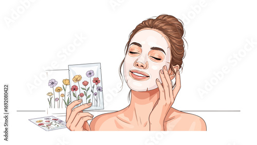 A young woman with her eyes closed and a serene expression applies a white facial mask while holding a small card with colorful floral illustrations representing self care and beauty treatments