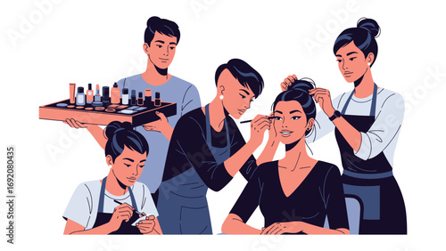 Diverse team of makeup artists and hairstylists collaborating to create a glamorous look for a client in a professional beauty salon setting