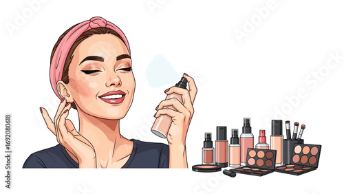 Young woman with closed eyes and a pink headband applying facial mist or setting spray from a bottle with a collection of makeup products