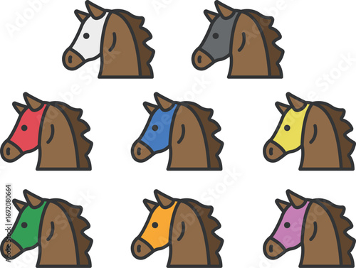 色別のマスクを付けた、競走馬の横顔のアイコン（線画カラー）のイラスト