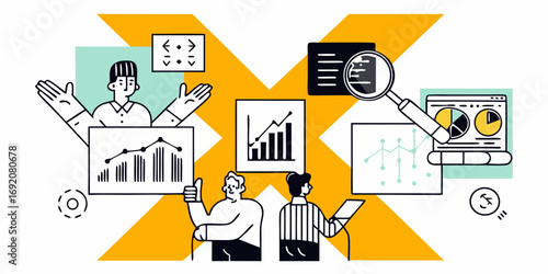 Business analysts review charts and graphs discussing data analysis and financial growth strategies