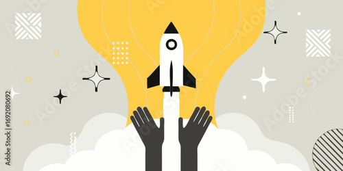 Creative concept of a rocket launching from hands with a light bulb background and abstract shapes