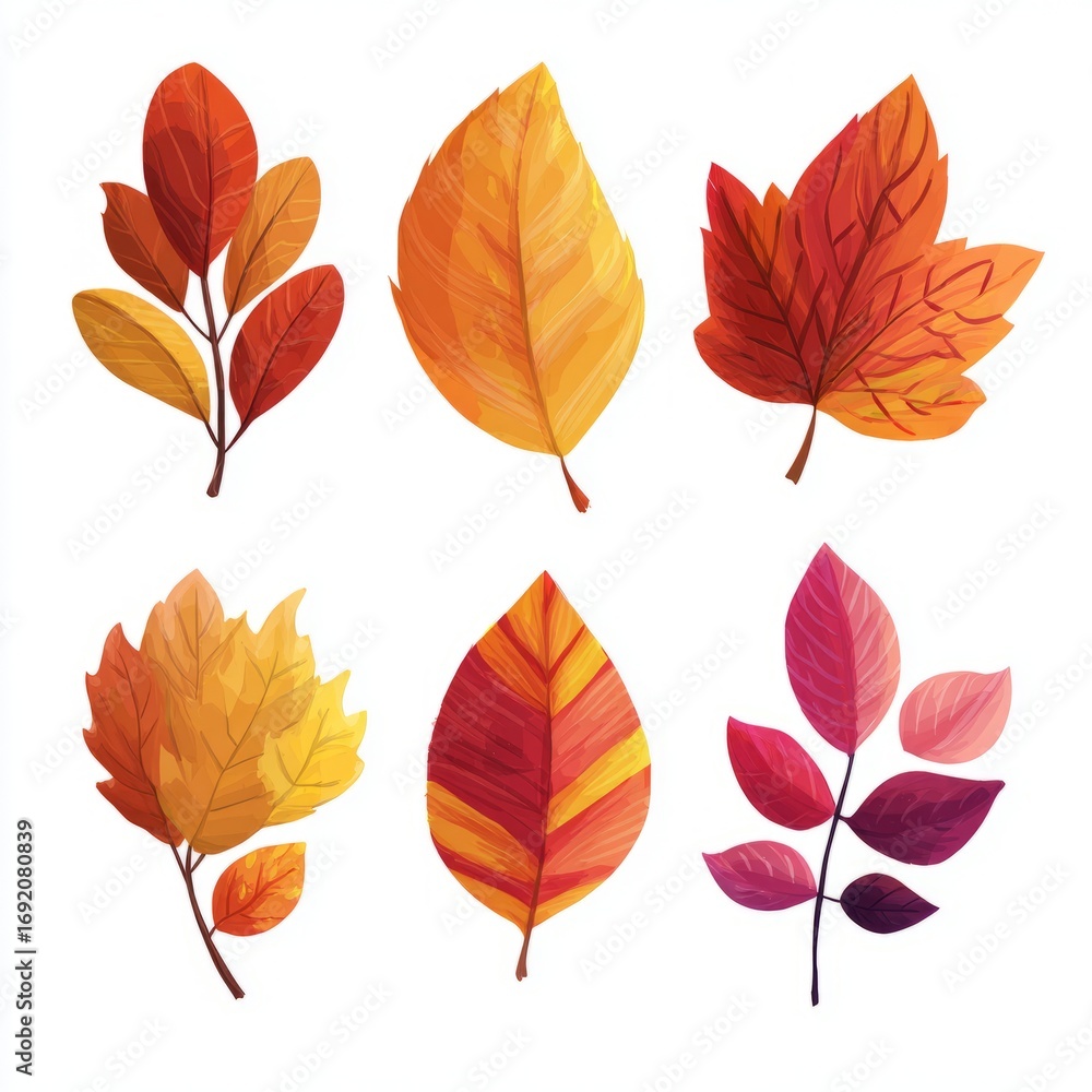 Obraz premium Isolated images of autumn leaves, in an autumn color palette on a white background.