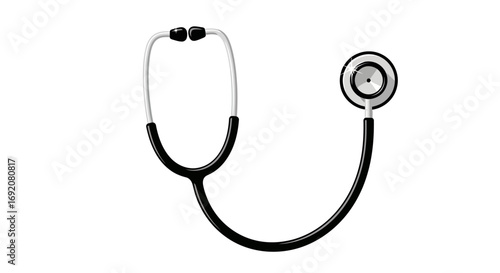 A black and white stethoscope, a medical instrument used for auscultation, isolated on a white background.