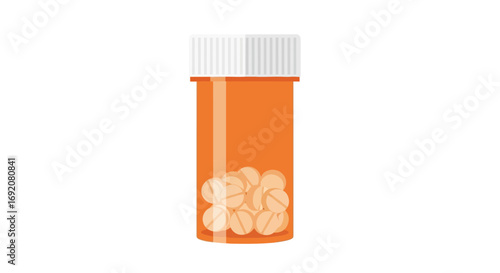 An orange pill bottle with a white cap, containing several white pills, isolated on a white background.