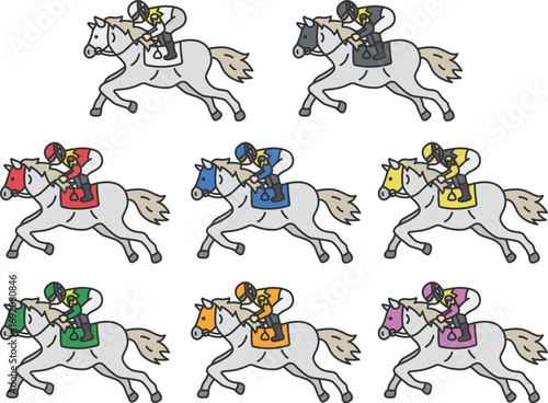 枠番別の、マスクを付けた、芦毛の競走馬（線画カラー）のイラストセット
