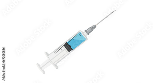 A medical syringe filled with blue liquid, needle pointing upwards, isolated on a white background.