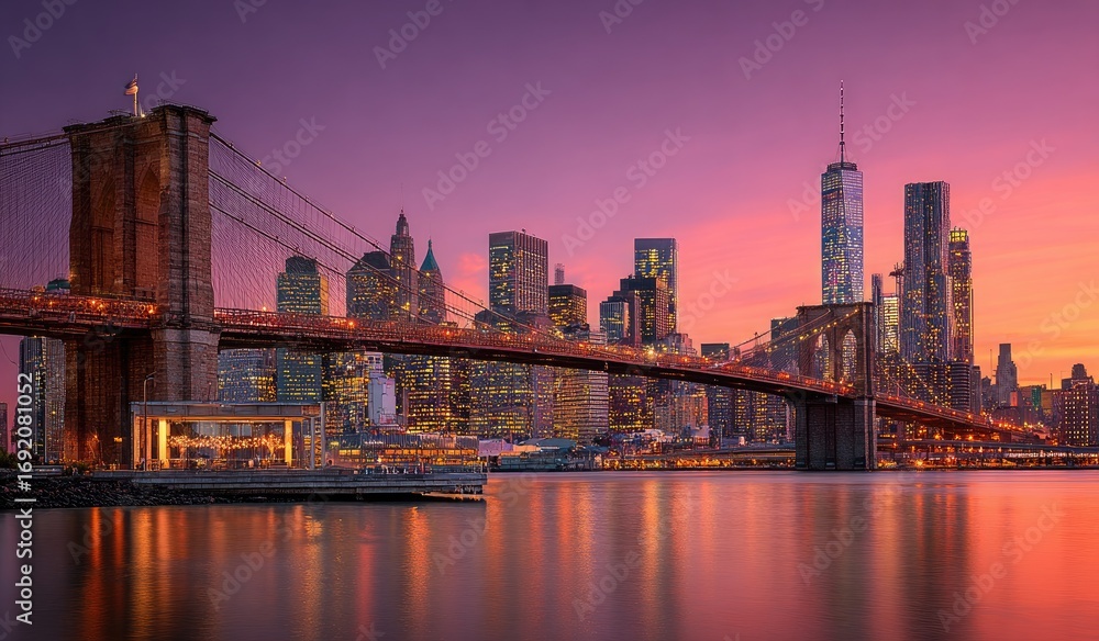 Fototapeta premium NYC skyline at sunset, Brooklyn Bridge