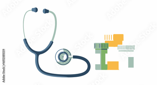 A stethoscope and several pill bottles are arranged on a white background, suggesting healthcare or medical treatment.
