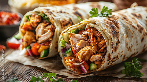 Two juicy shawarma with chicken and fresh vegetables are on the table - delicious street food, banner for advertising fast food, delivery and restaurants