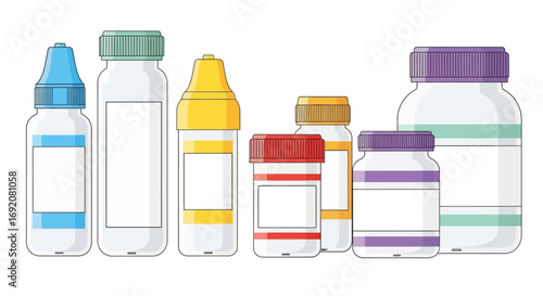 A collection of various transparent medicine bottles and containers with blank labels, ready for product information.